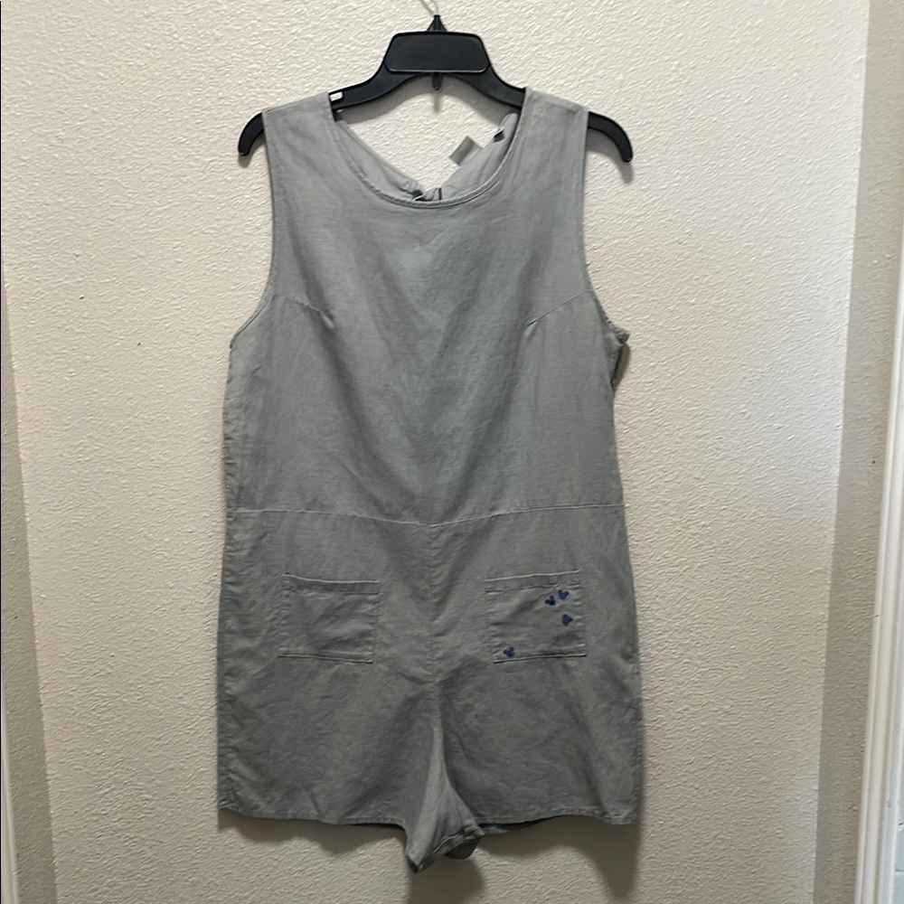 Gray Junk Food cotton/linen blend romper with embroidered Mickeys on pocket